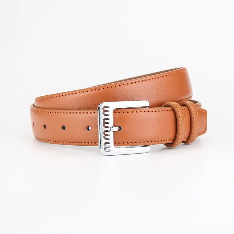 Women's Beige Leather Belt with Silver Buckle - Image 3