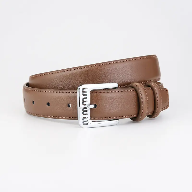 Women's Beige Leather Belt with Silver Buckle - Image 5