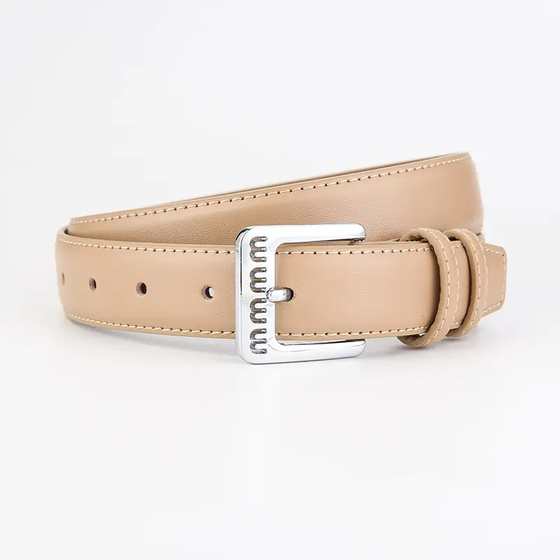 Women's Beige Leather Belt with Silver Buckle - Image 6