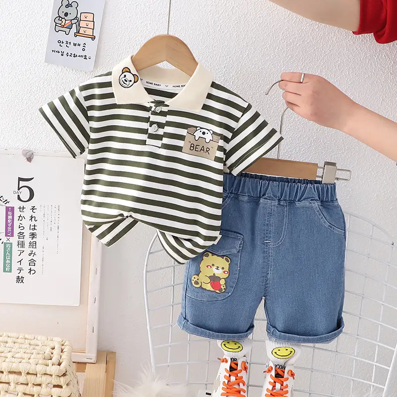 Children Cotton Striped T-Shirt Shorts Set Summer Boys - Image 4
