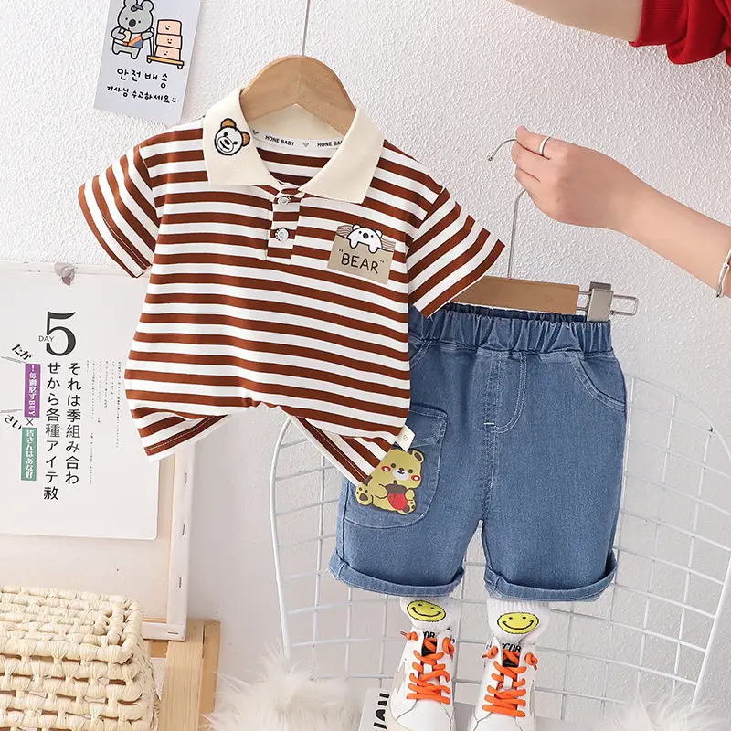 Children Cotton Striped T-Shirt Shorts Set Summer Boys - Image 2