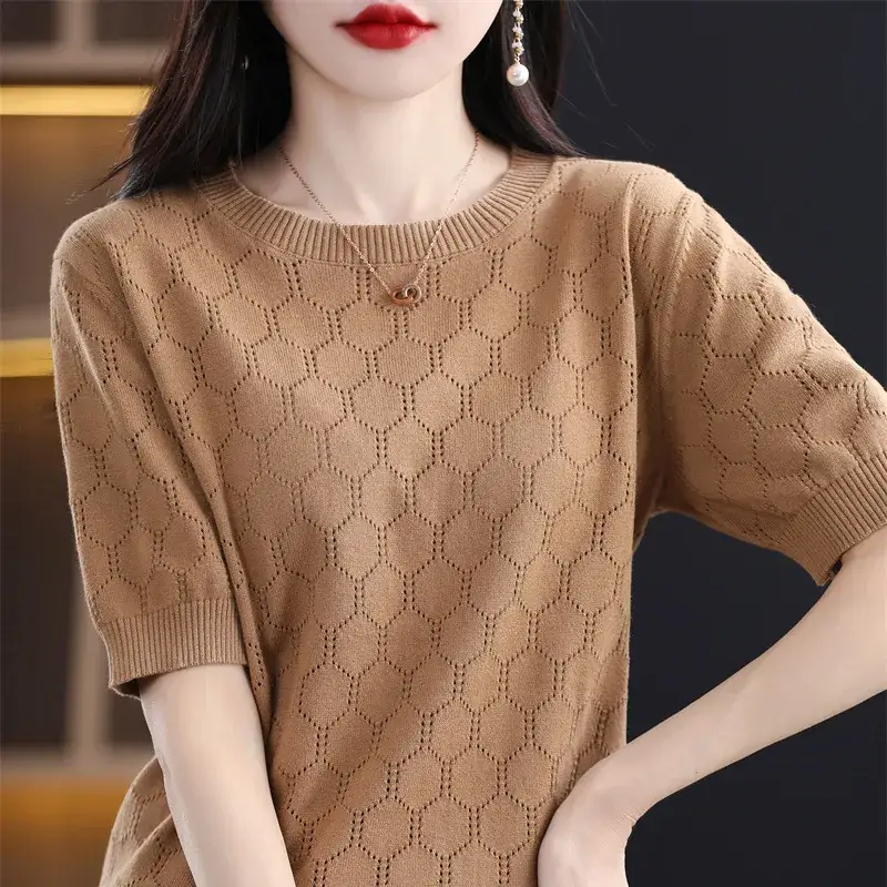 Women Cotton Knitted Short Sleeve T-Shirt Brown 2023 - Image 7