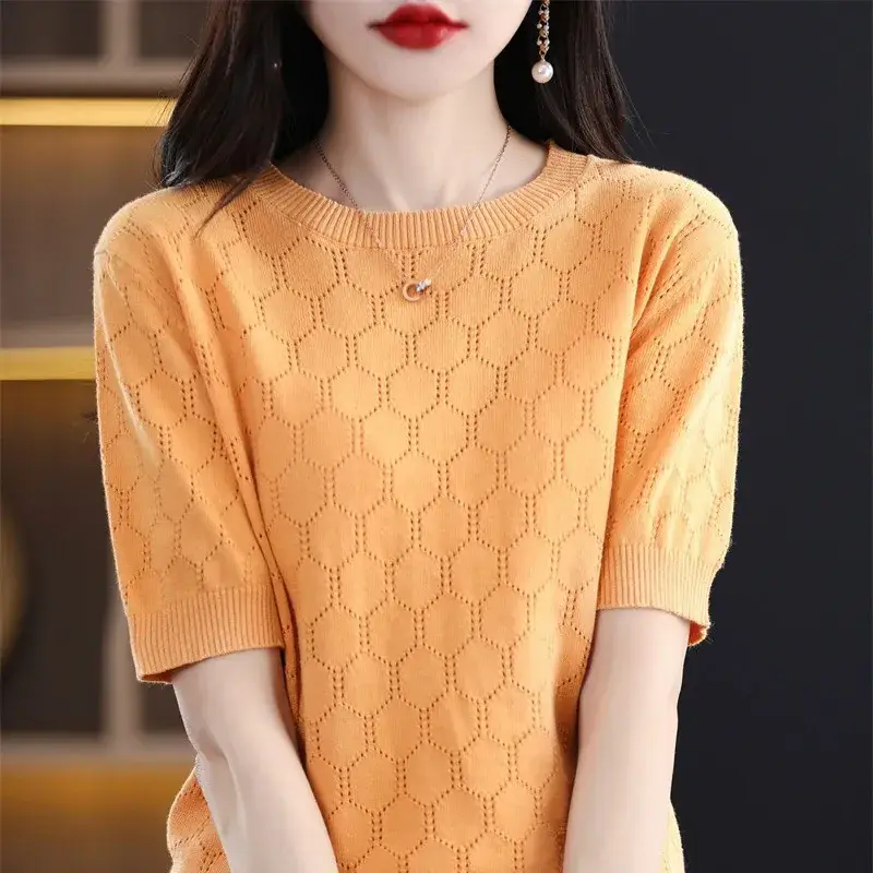 Women Cotton Knitted Short Sleeve T-Shirt Brown 2023 - Image 8