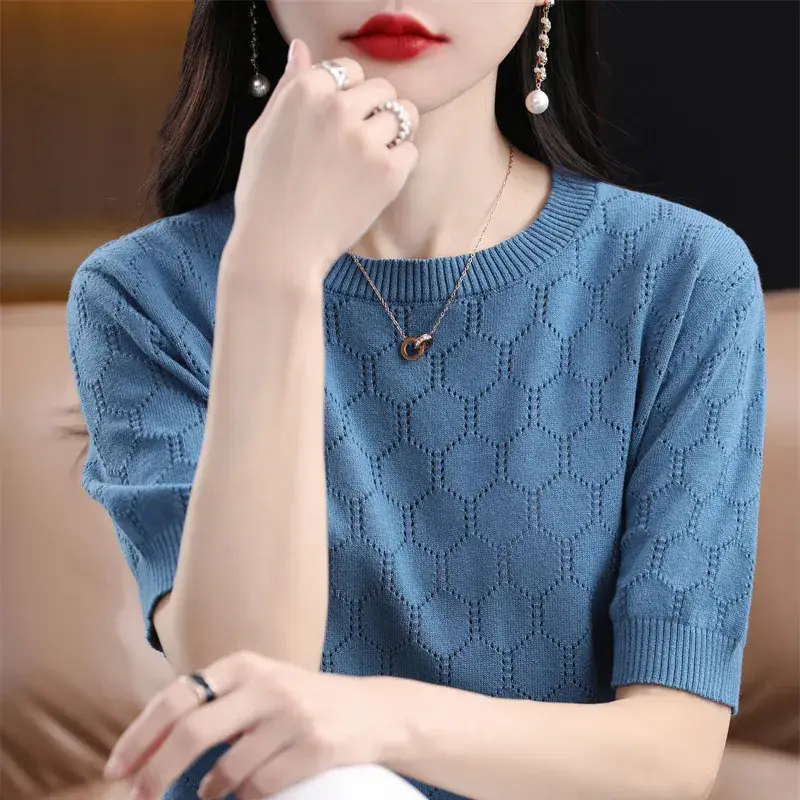 Women Cotton Knitted Short Sleeve T-Shirt Brown 2023 - Image 9