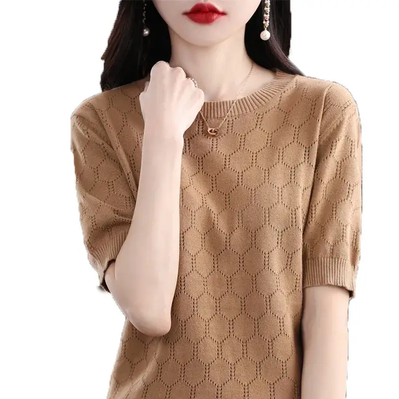 Women Cotton Knitted Short Sleeve T-Shirt Brown 2023 - Image 10