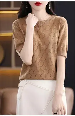 Women Cotton Knitted Short Sleeve T-Shirt Brown 2023 - Image 6