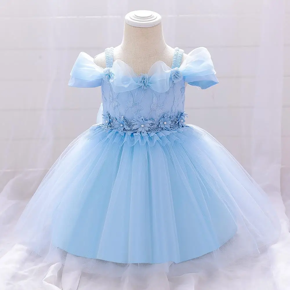 Light Blue Princess Girl's Evening Dress with Lace Embroidery - Image 2