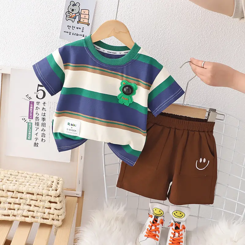 Children Cotton T-Shirt Shorts Set Brown Yellow Summer - Image 5