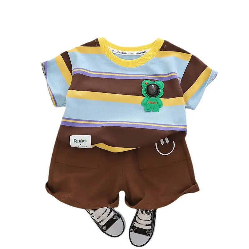 Children Cotton T-Shirt Shorts Set Brown Yellow Summer - Image 7