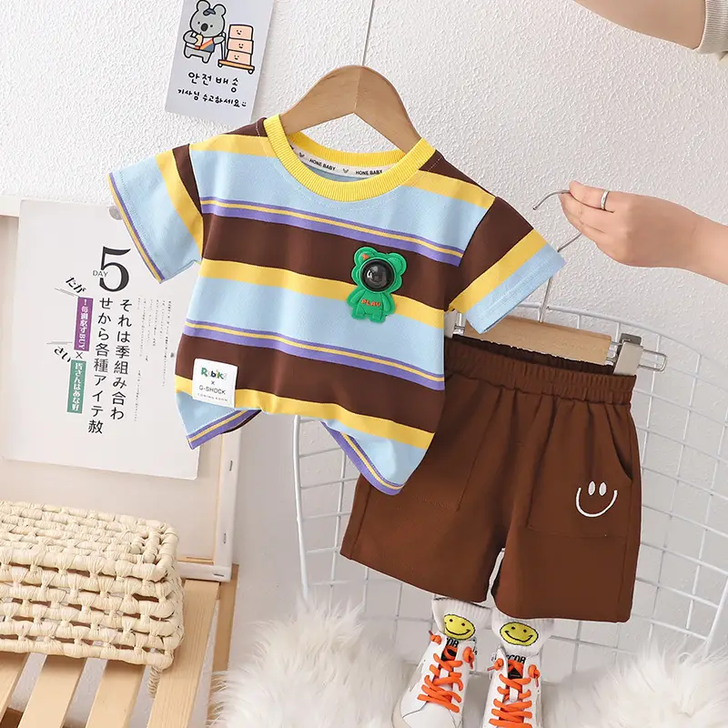 Children Cotton T-Shirt Shorts Set Brown Yellow Summer — feature 1