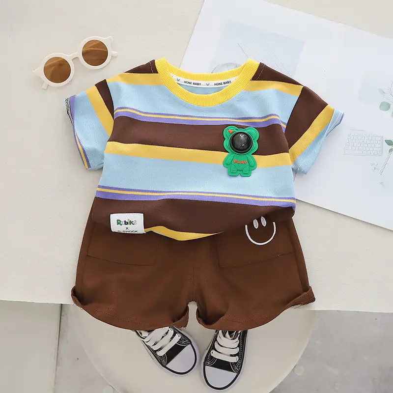 Children Cotton T-Shirt Shorts Set Brown Yellow Summer — feature 5