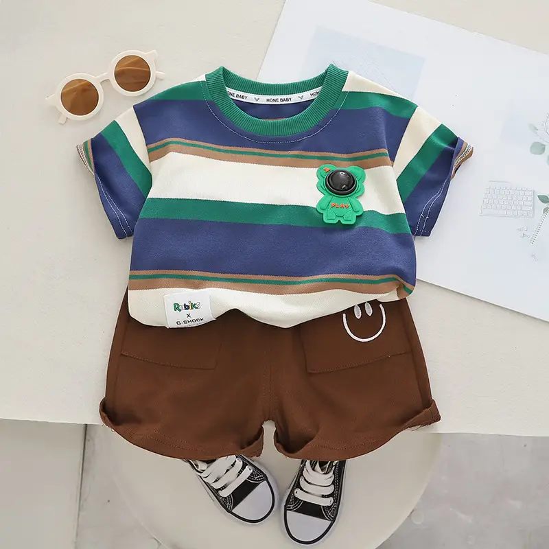 Children Cotton T-Shirt Shorts Set Brown Yellow Summer — feature 6