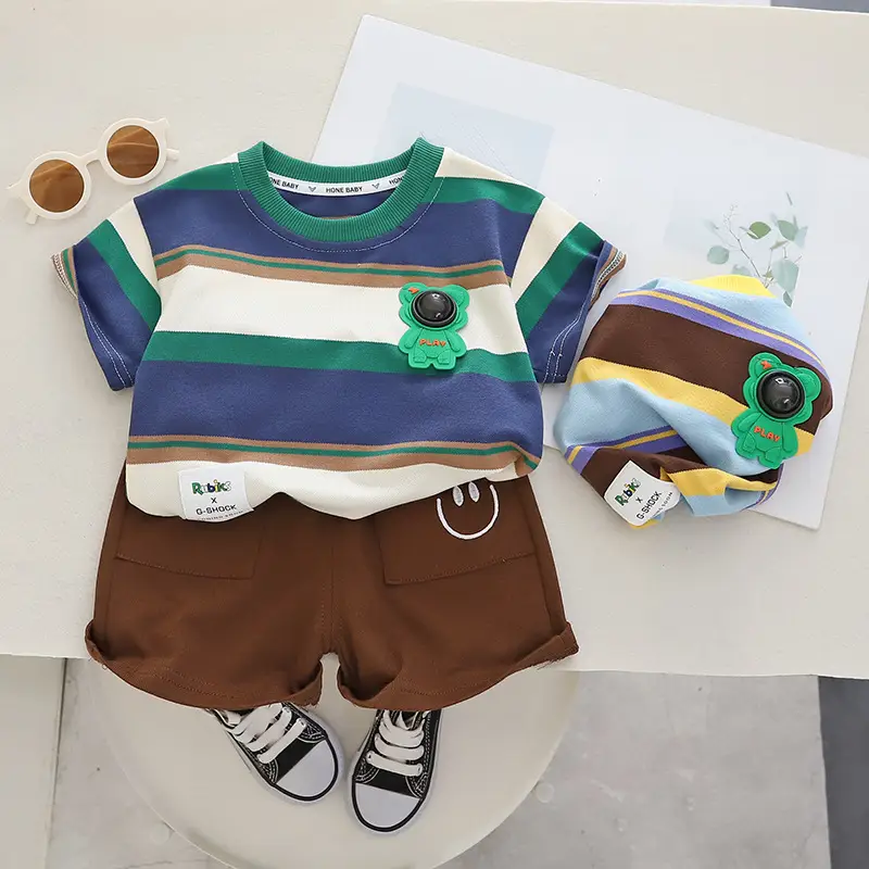 Children Cotton T-Shirt Shorts Set Brown Yellow Summer — feature 7