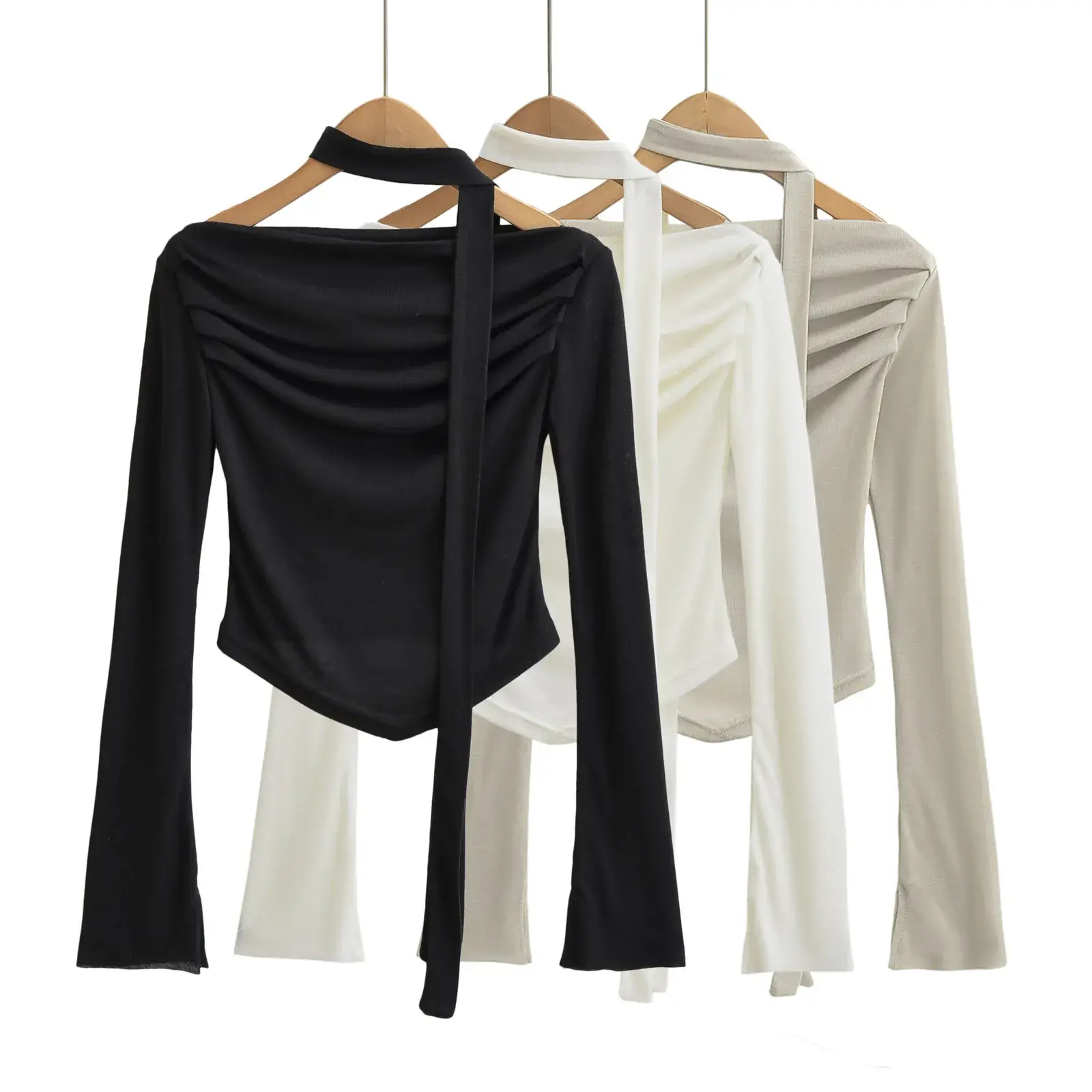 Women's 2023 Hot Girl Set White Long Sleeve One Shoulder Top with Low Waist Skirt - Image 7