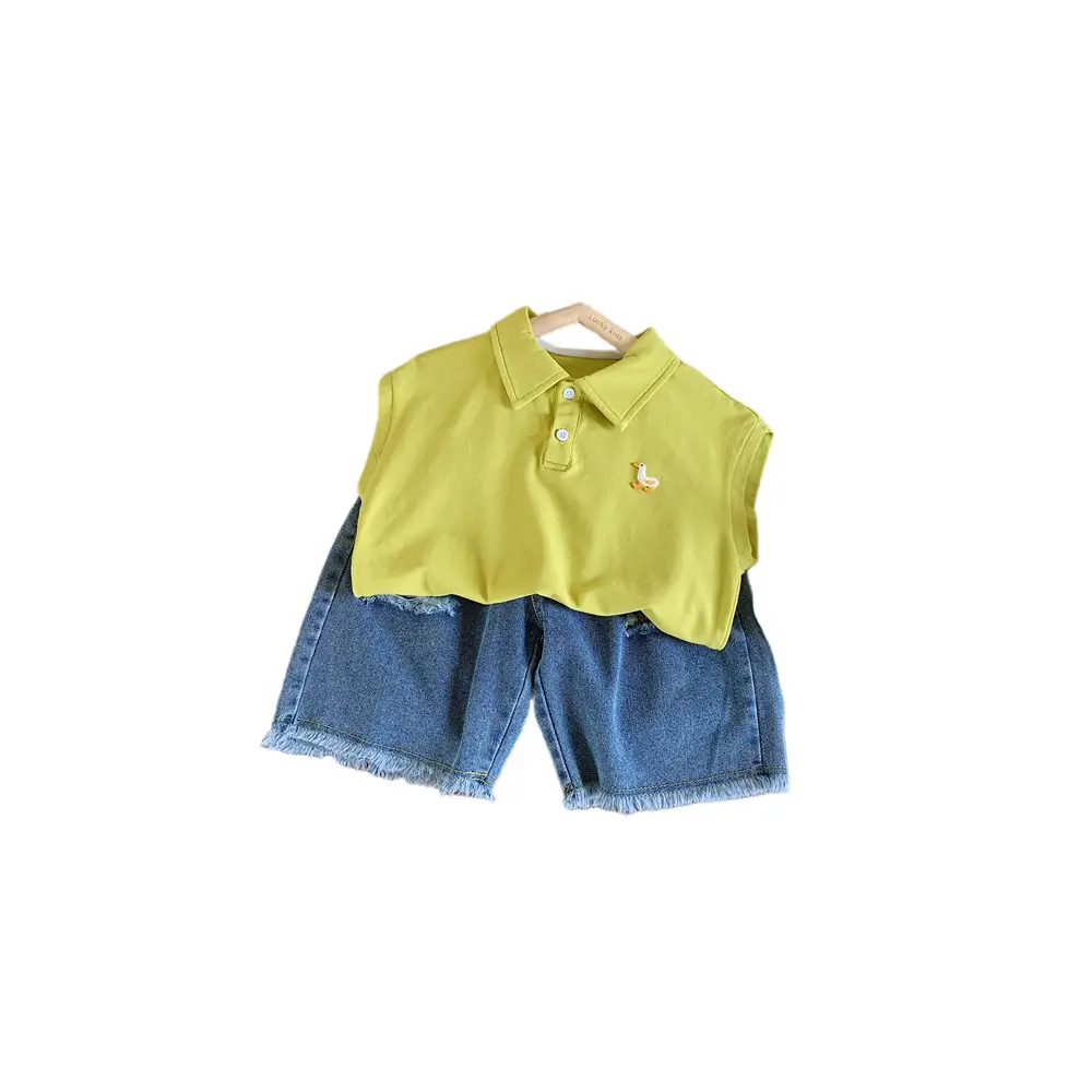 Kids Denim Polo Vest Top Suit Summer Boys Lime Green - Image 7
