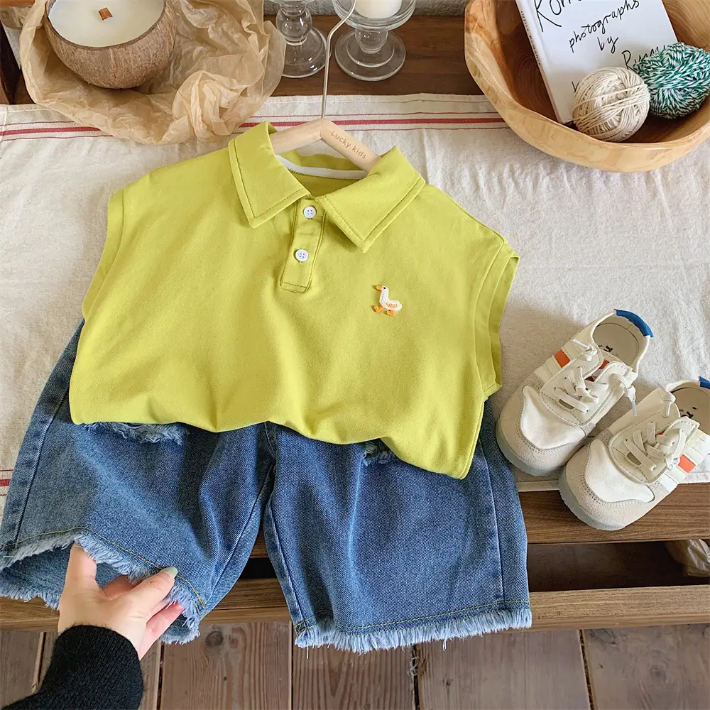 Kids Denim Polo Vest Top Suit Summer Boys Lime Green — feature 11