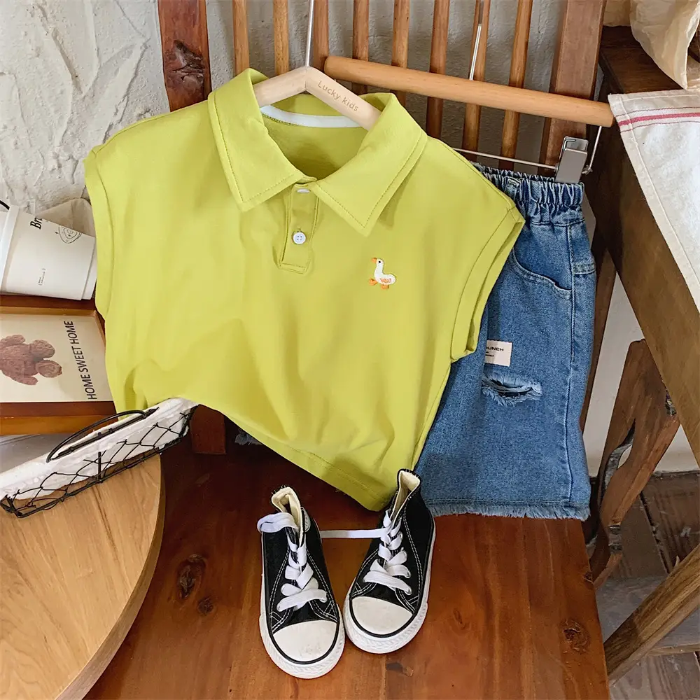Kids Denim Polo Vest Top Suit Summer Boys Lime Green — feature 12