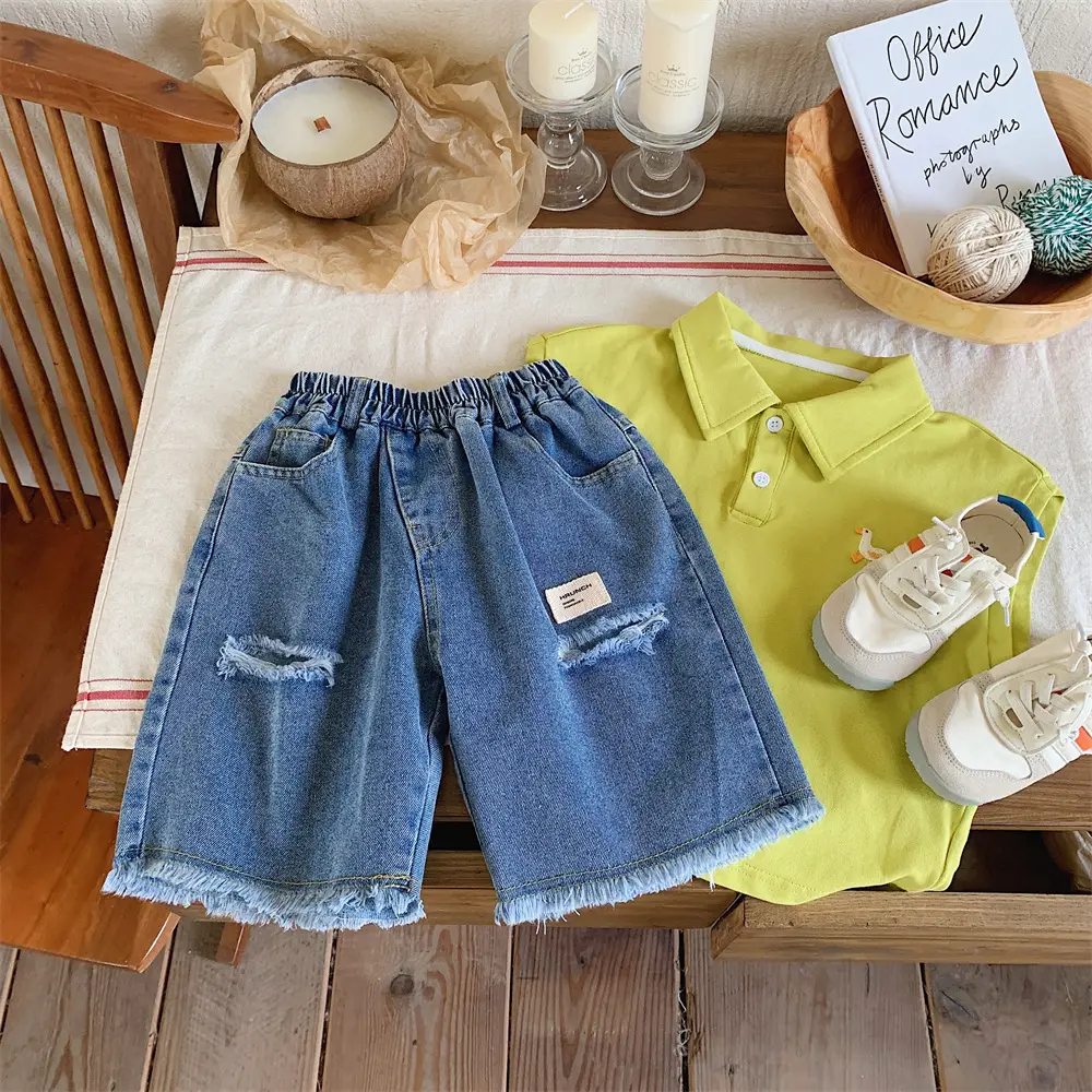 Kids Denim Polo Vest Top Suit Summer Boys Lime Green — feature 15
