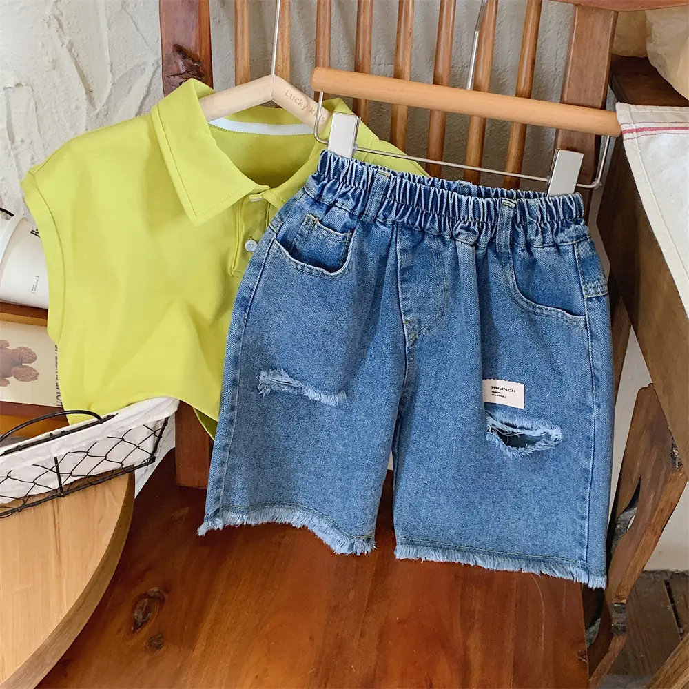 Kids Denim Polo Vest Top Suit Summer Boys Lime Green — feature 22