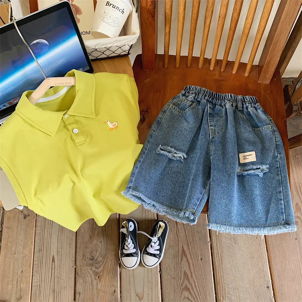 Kids Denim Polo Vest Top Suit Summer Boys Lime Green — feature 24
