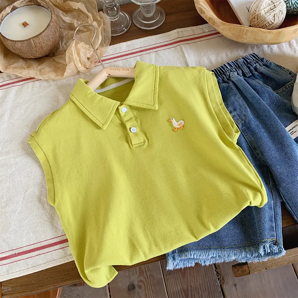Kids Denim Polo Vest Top Suit Summer Boys Lime Green — feature 3