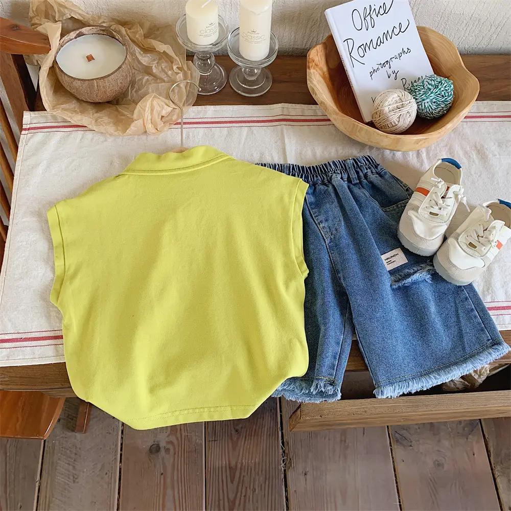Kids Denim Polo Vest Top Suit Summer Boys Lime Green — feature 7