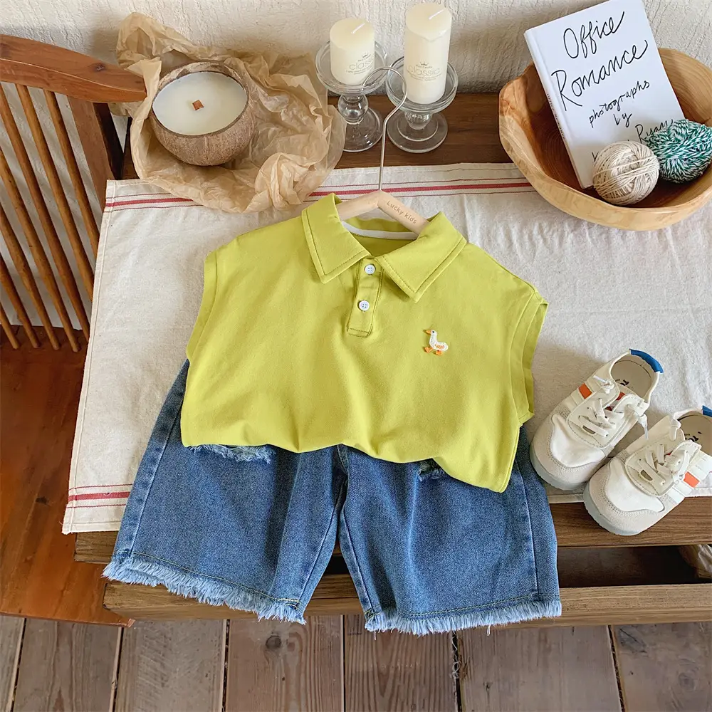 Kids Denim Polo Vest Top Suit Summer Boys Lime Green — feature 9