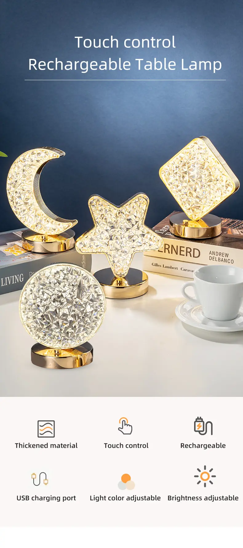 Rechargeable Touch LED Table Lamp 15x18cm Moon Theme — feature 6