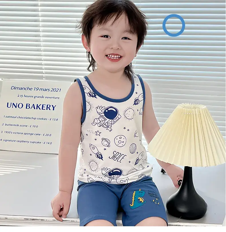 Boys Cartoon Vest Shorts Set Blue White Sleeveless — feature 11