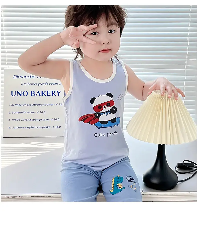 Boys Cartoon Vest Shorts Set Blue White Sleeveless — feature 12