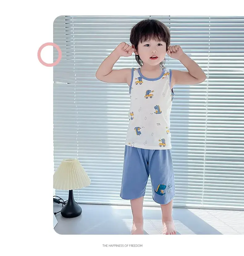 Boys Cartoon Vest Shorts Set Blue White Sleeveless — feature 13