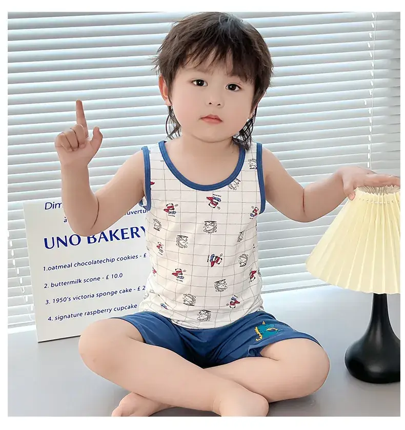 Boys Cartoon Vest Shorts Set Blue White Sleeveless — feature 14