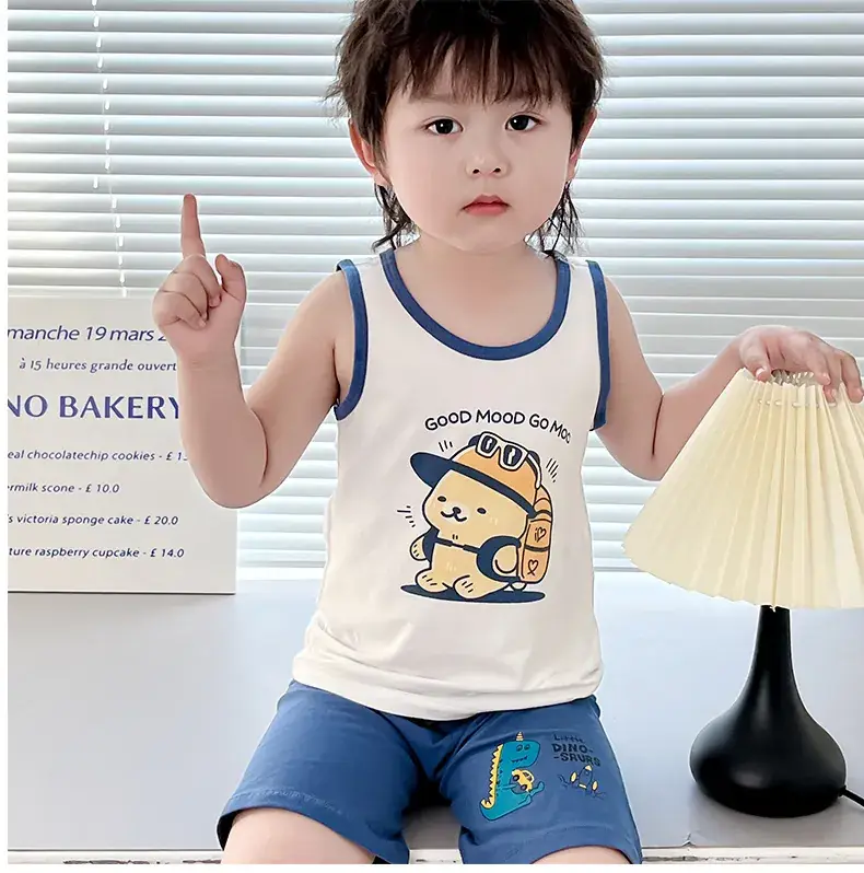 Boys Cartoon Vest Shorts Set Blue White Sleeveless — feature 15