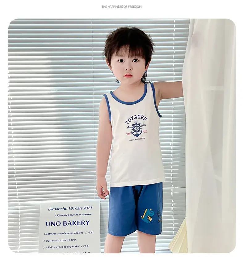 Boys Cartoon Vest Shorts Set Blue White Sleeveless — feature 16