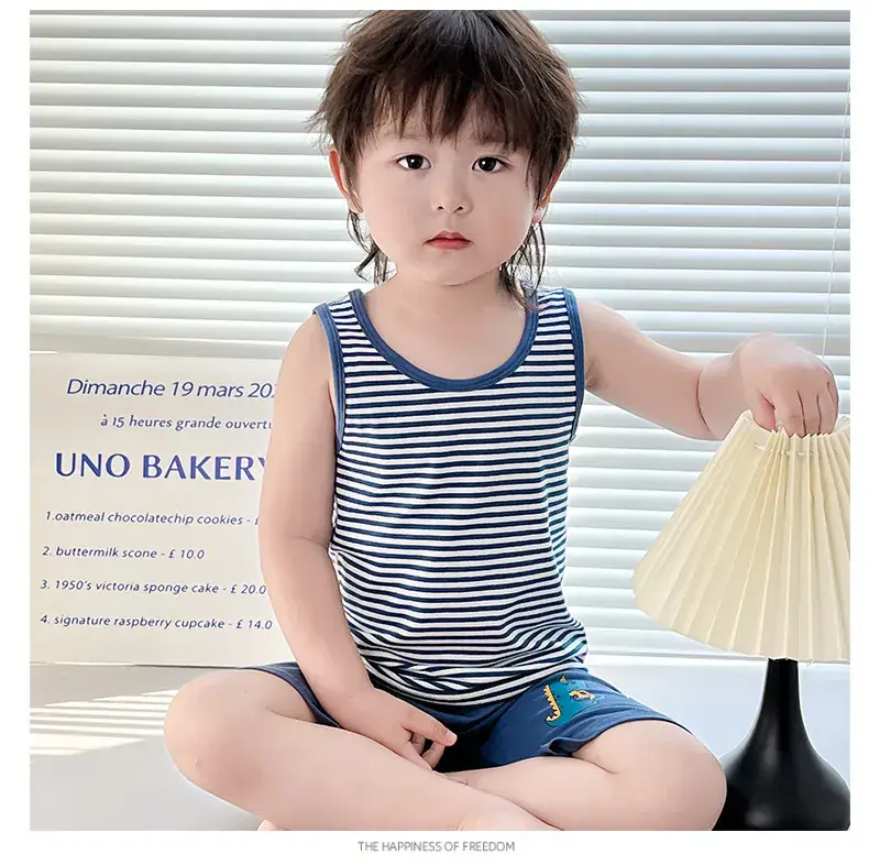 Boys Cartoon Vest Shorts Set Blue White Sleeveless — feature 17