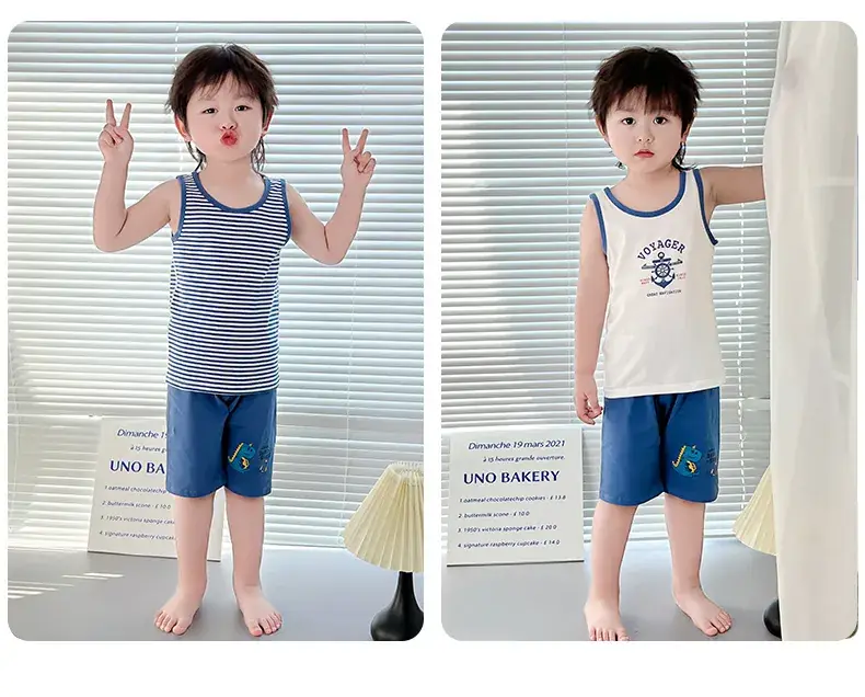 Boys Cartoon Vest Shorts Set Blue White Sleeveless — feature 18