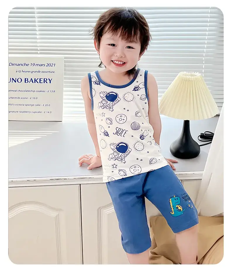 Boys Cartoon Vest Shorts Set Blue White Sleeveless — feature 19