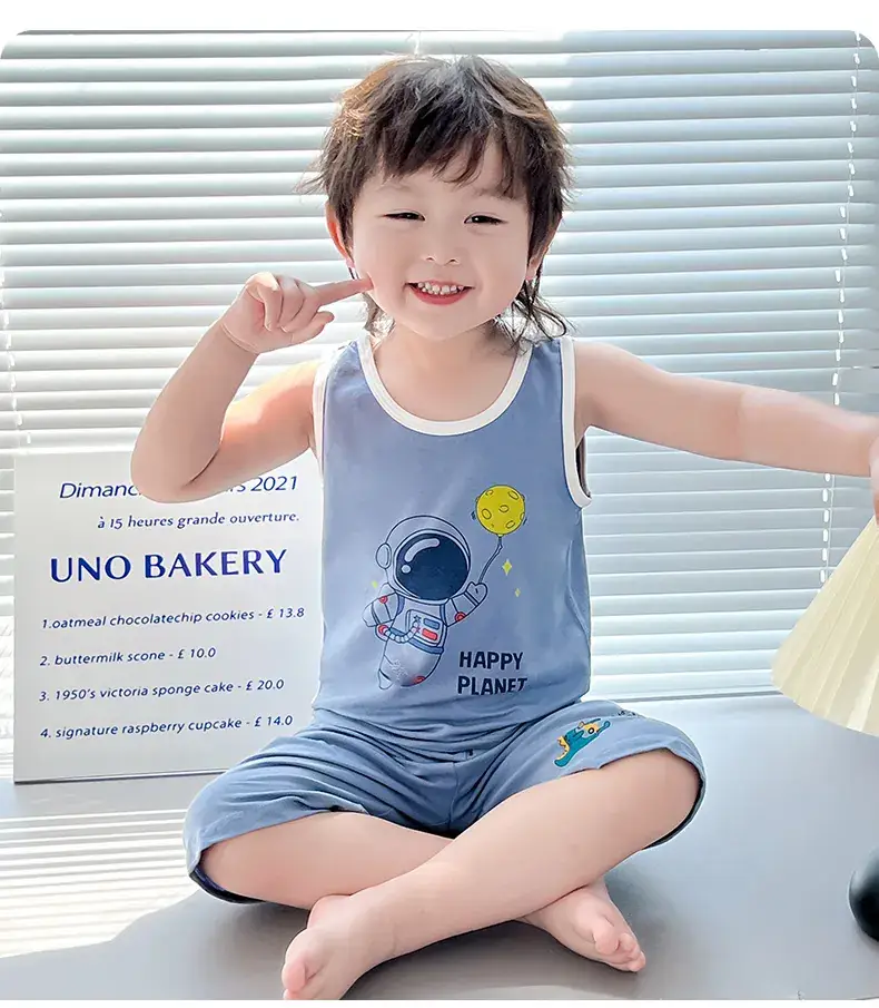 Boys Cartoon Vest Shorts Set Blue White Sleeveless — feature 9