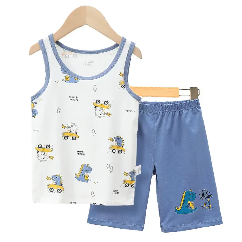 Boys Cartoon Vest Shorts Set Blue White Sleeveless