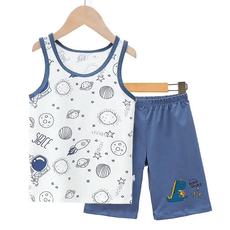Boys Cartoon Vest Shorts Set Blue White Sleeveless