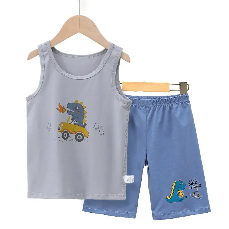 Boys Cartoon Vest Shorts Set Blue White Sleeveless