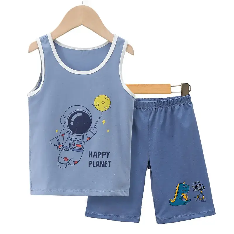 Boys Cartoon Vest Shorts Set Blue White Sleeveless