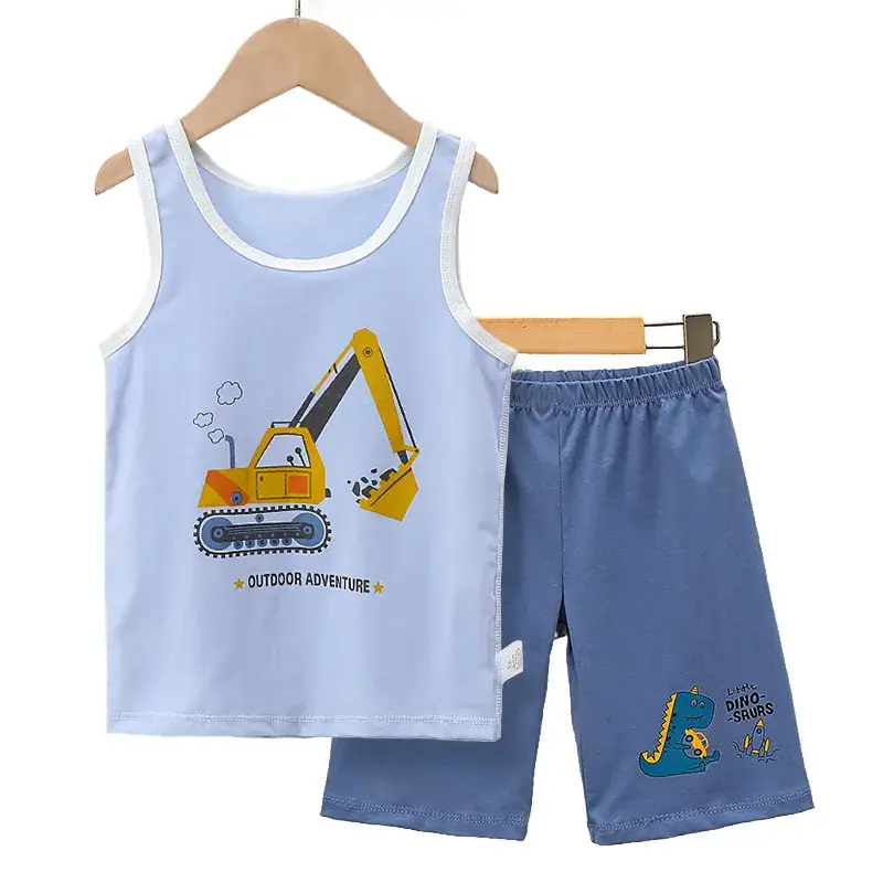 Boys Cartoon Vest Shorts Set Blue White Sleeveless
