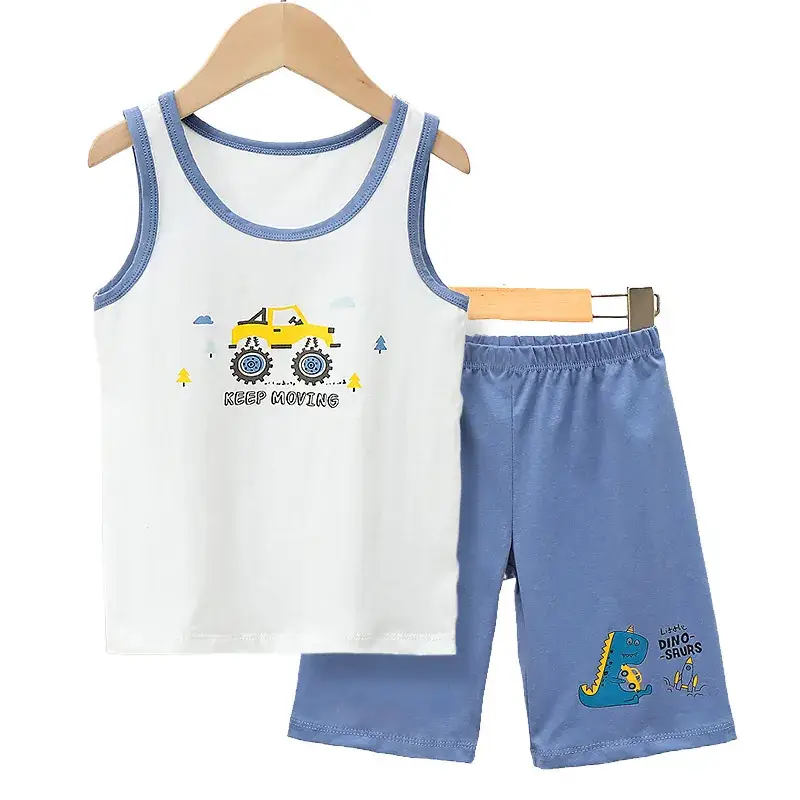 Boys Cartoon Vest Shorts Set Blue White Sleeveless