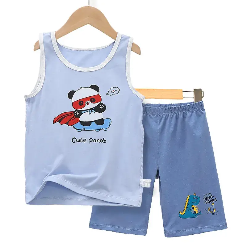 Boys Cartoon Vest Shorts Set Blue White Sleeveless