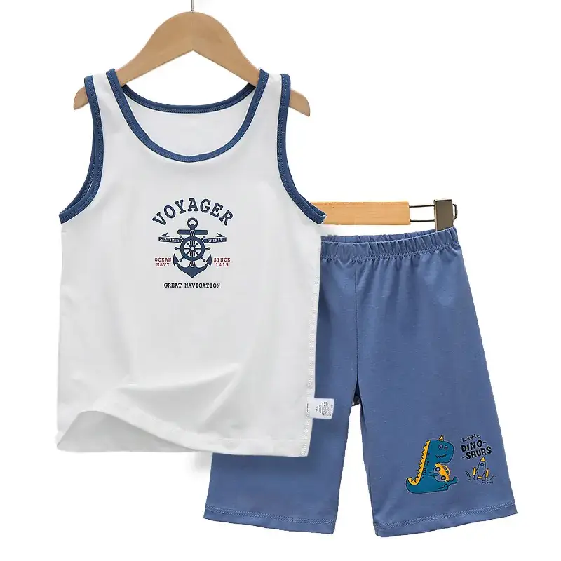 Boys Cartoon Vest Shorts Set Blue White Sleeveless
