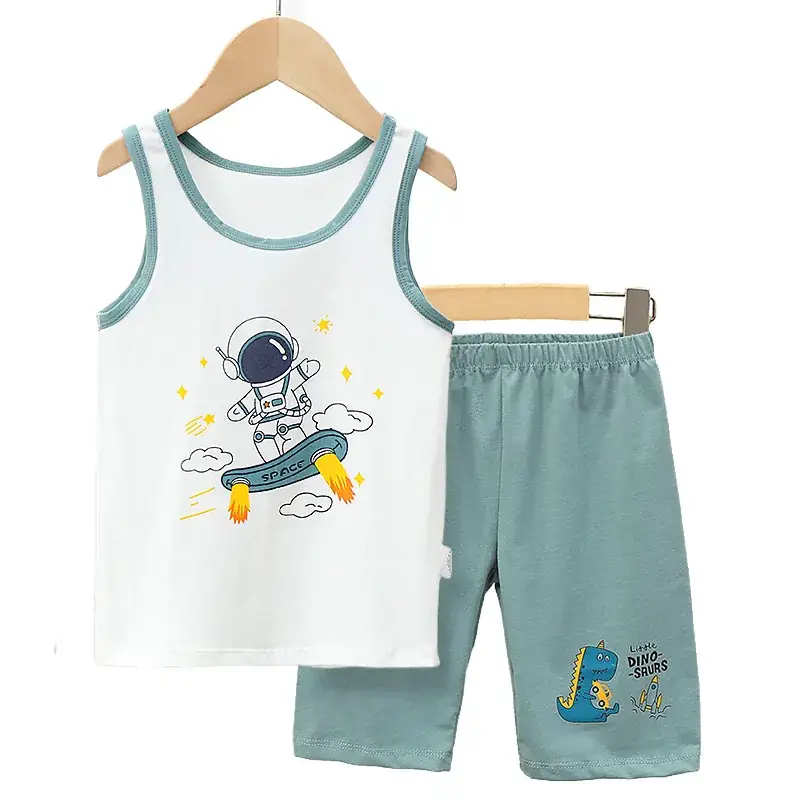 Boys Cartoon Vest Shorts Set Blue White Sleeveless