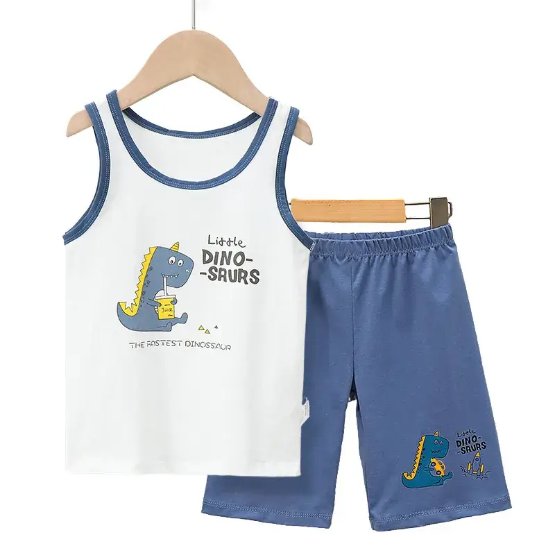 Boys Cartoon Vest Shorts Set Blue White Sleeveless