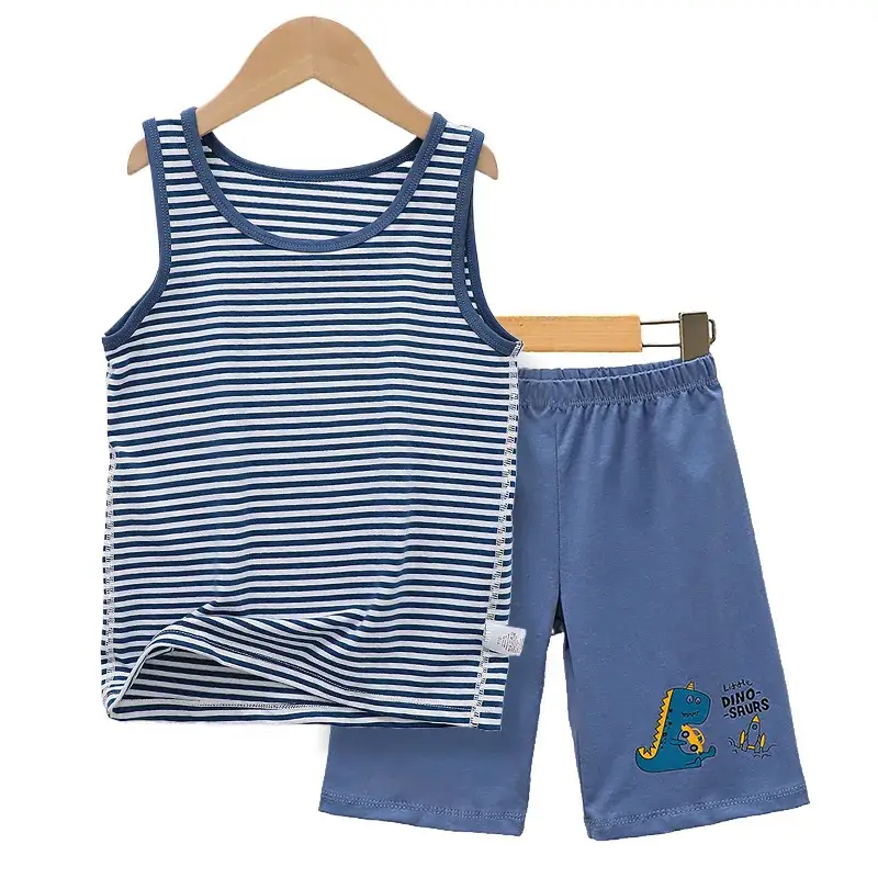Boys Cartoon Vest Shorts Set Blue White Sleeveless