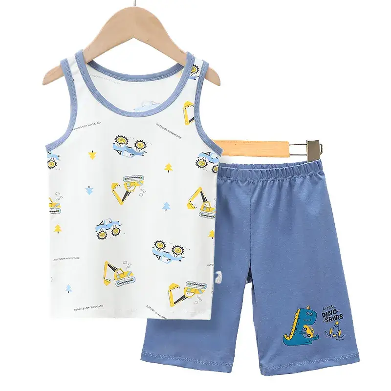 Boys Cartoon Vest Shorts Set Blue White Sleeveless